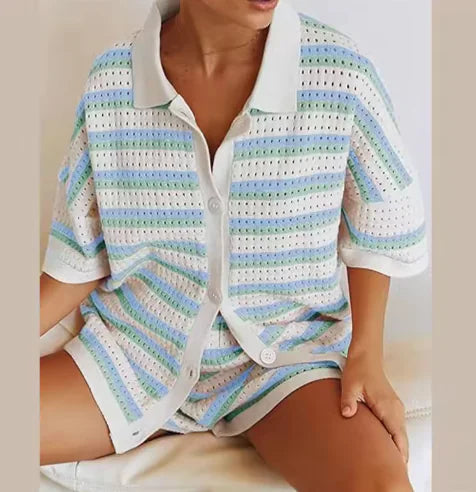 Color Block Lapel Shirt & Striped Shorts Set WEM Support (www.WEM.support)