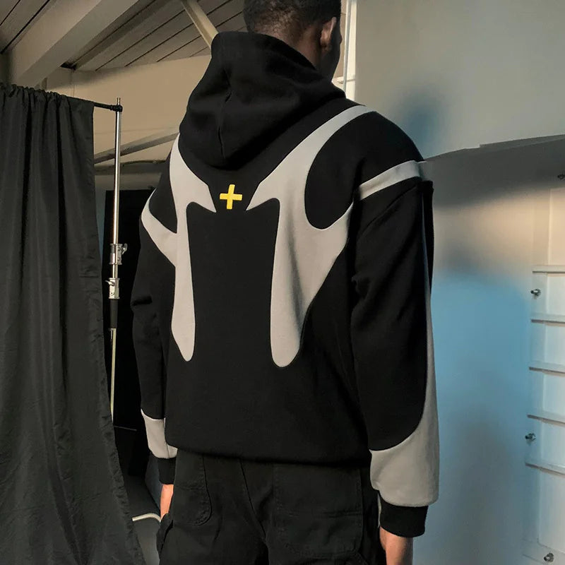 Pattern Stitching Hooded Cardigan Zipper Sweater WEM Support (www.WEM.support)