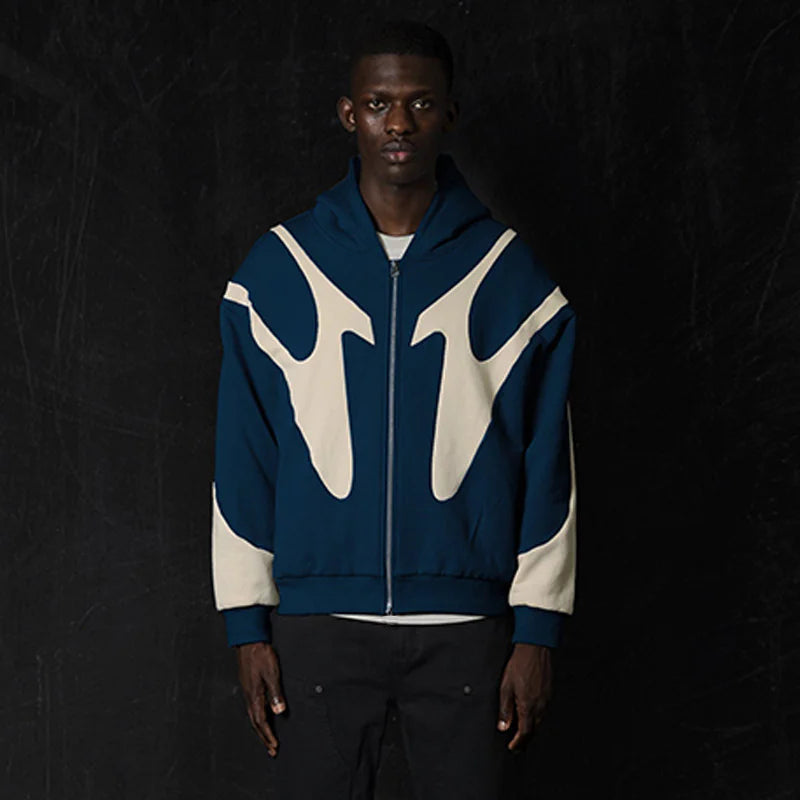 Pattern Stitching Hooded Cardigan Zipper Sweater WEM Support (www.WEM.support)