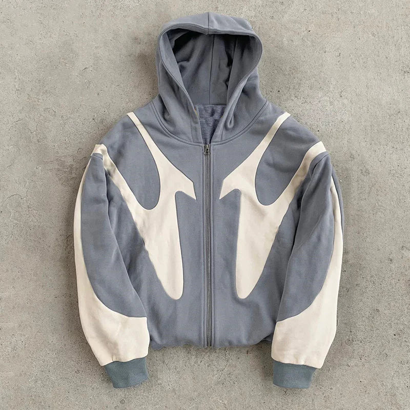 Pattern Stitching Hooded Cardigan Zipper Sweater WEM Support (www.WEM.support)