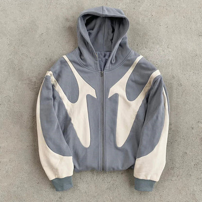 Pattern Stitching Hooded Cardigan Zipper Sweater WEM Support (www.WEM.support)