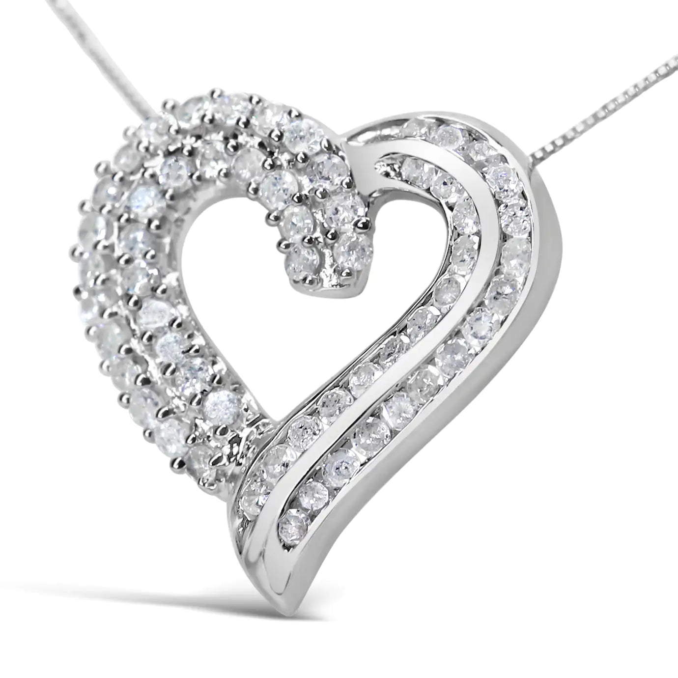 .925 Sterling Silver 1.0 Cttw Prong & Channel-Set Diamond Open work Ribbon Heart Pendant 18" Necklace (I-J Color, I3 Clarity) WEM Support (www.WEM.support)