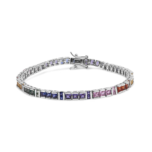 .925 Sterling Silver 12.0 Cttw Multi Colored Princess Cut Gemstone Link Tennis Bracelet (AAA Quality) - 7.25" Inches WEM Support (www.WEM.support)