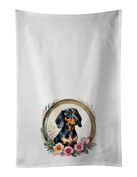Dachshund and Flowers Kitchen Towel Set of 2 WEM Support (www.WEM.support)