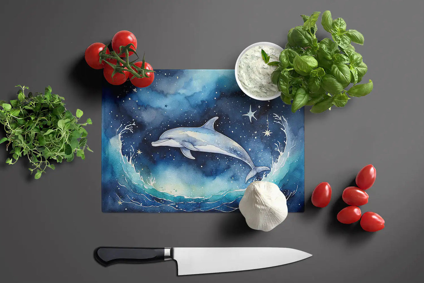 Dolphin in a Starry Sea Glass Cutting Board WEM Support (www.WEM.support)