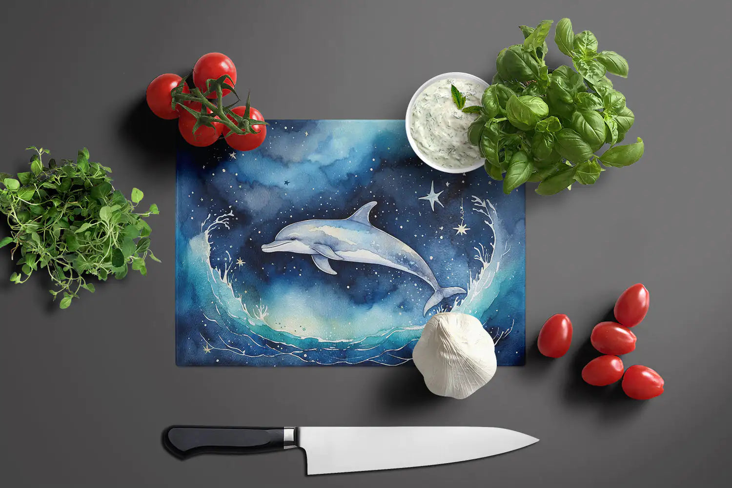 Dolphin in a Starry Sea Glass Cutting Board WEM Support (www.WEM.support)