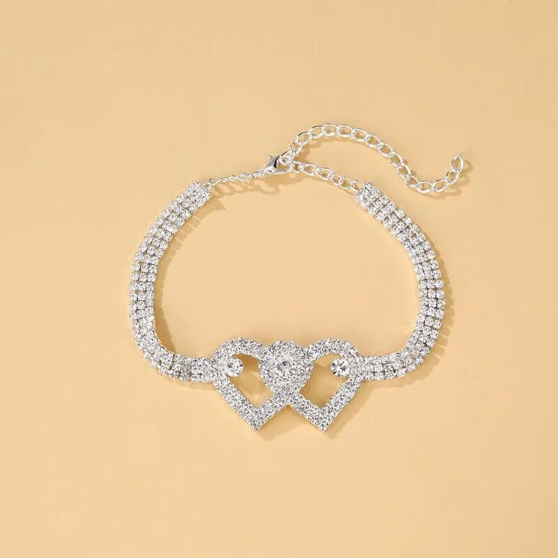 Double Heart Anklet Bracelet Love Barefoot Chain Bling Crystal Ankle Bracelet US WEM Support (www.WEM.support)