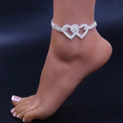 Double Heart Anklet Bracelet Love Barefoot Chain Bling Crystal Ankle Bracelet US WEM Support (www.WEM.support)