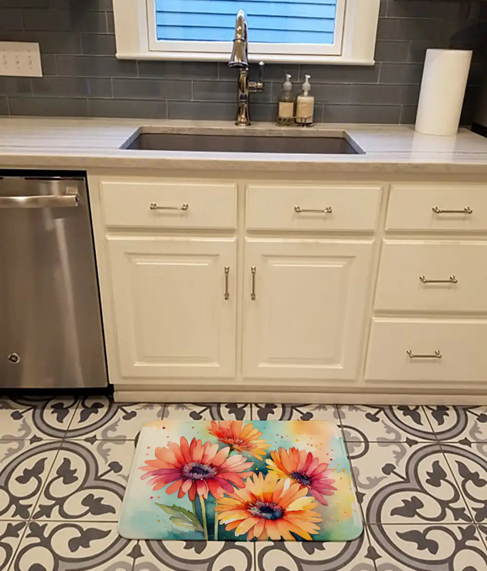 Gerbera Daisies in Watercolor Memory Foam Kitchen Mat WEM Support (www.WEM.support)