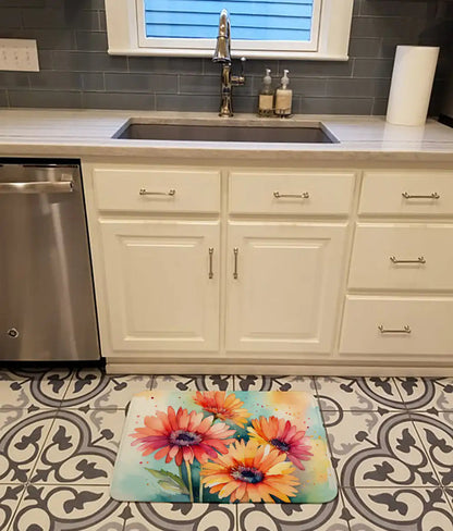Gerbera Daisies in Watercolor Memory Foam Kitchen Mat WEM Support (www.WEM.support)