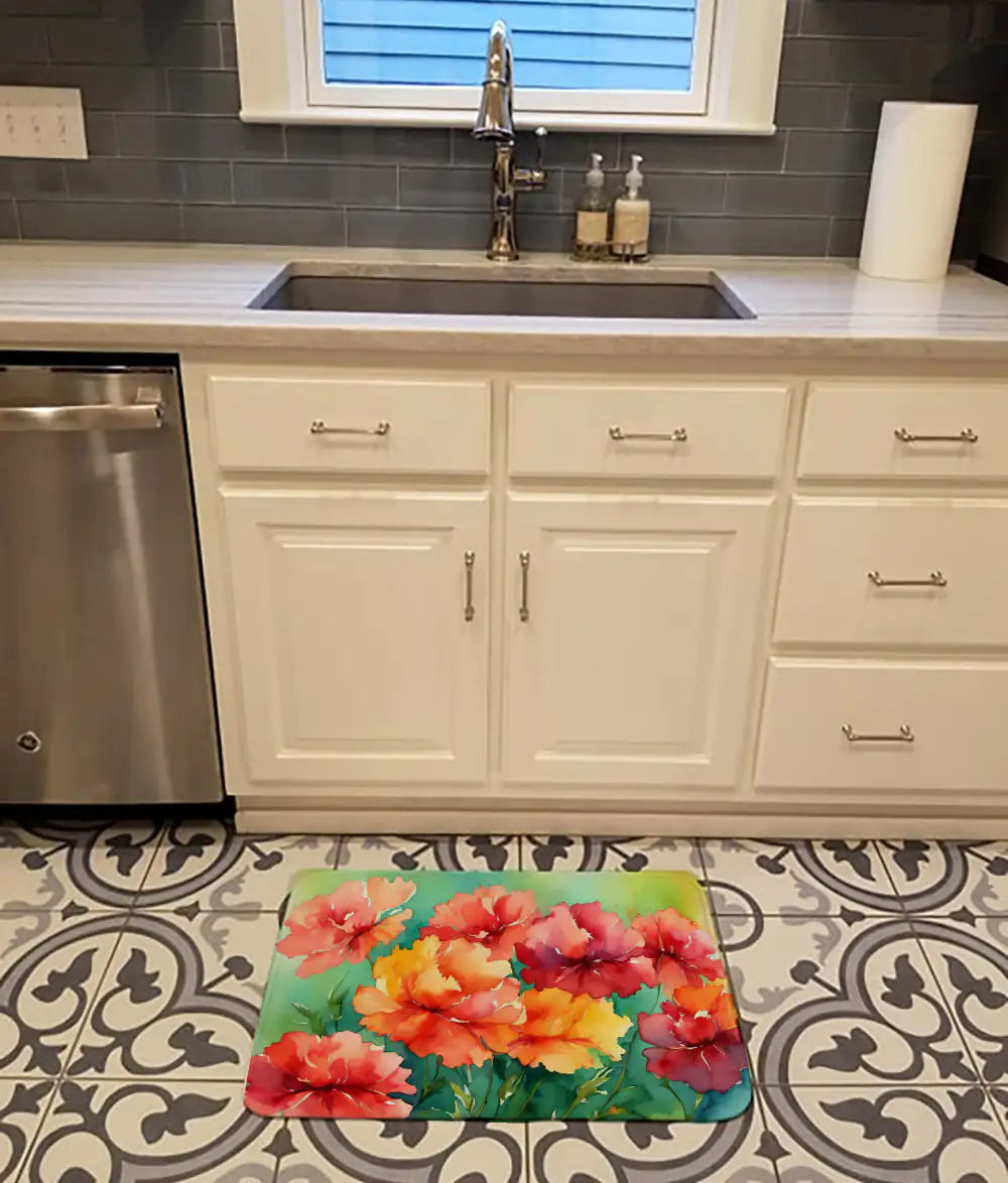 Ohio Scarlet Carnations in Watercolor Memory Foam Kitchen Mat WEM Support (www.WEM.support)