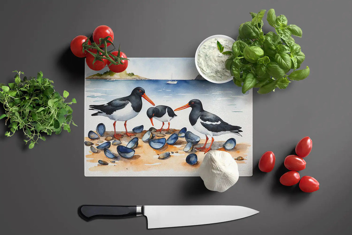 Oystercatchers Feeding Glass Cutting Board WEM Support (www.WEM.support)