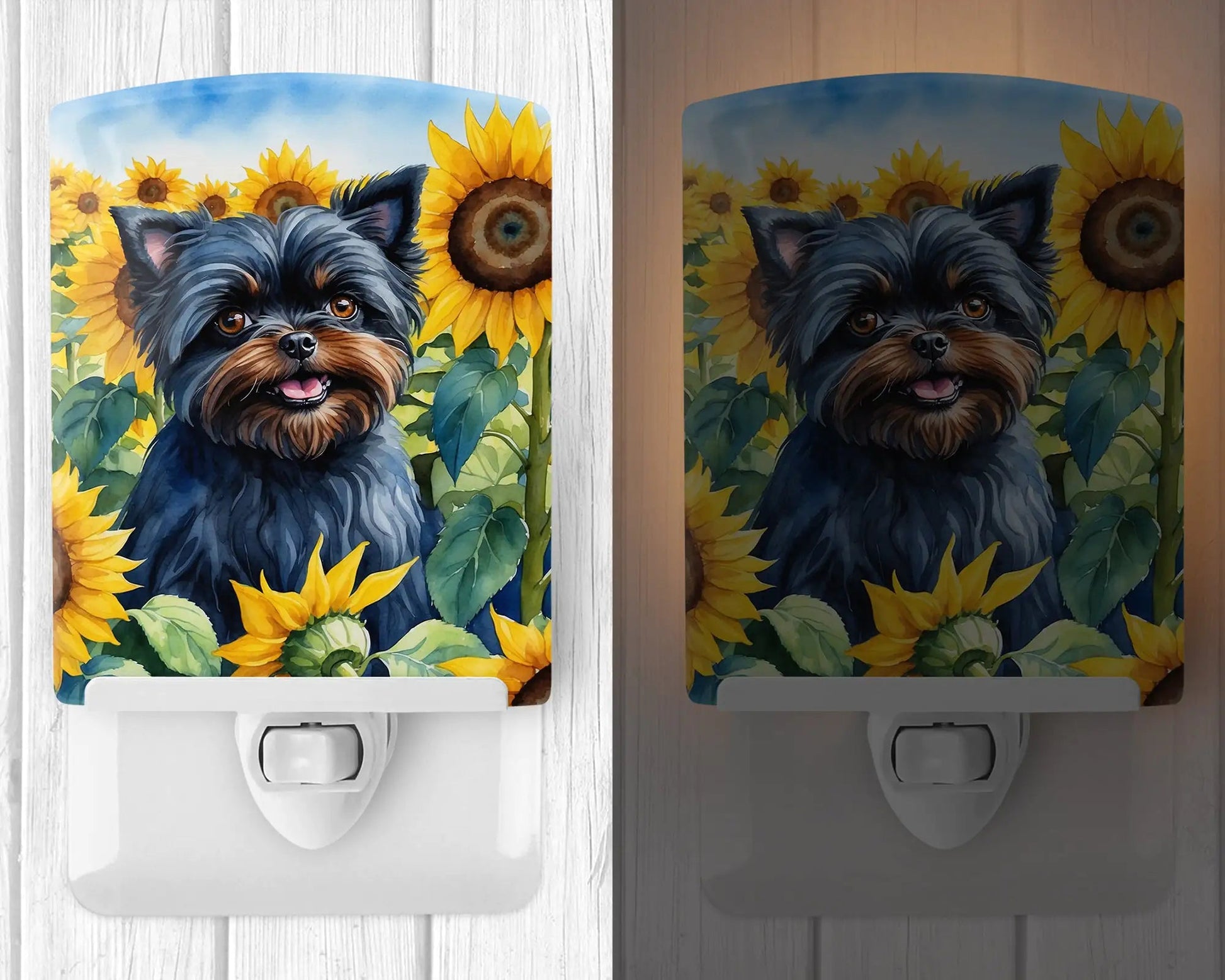 Affenpinscher in Sunflowers Ceramic Night Light WEM Support (www.WEM.support)