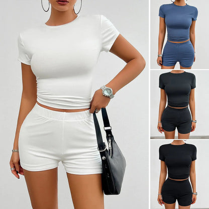 Solid Color Slim Sports Suit Summer 2Pcs Short-sleeved Round Neck T-shirt And Elastic Shorts Fashion Womens Clothing WEM Support (www.WEM.support)