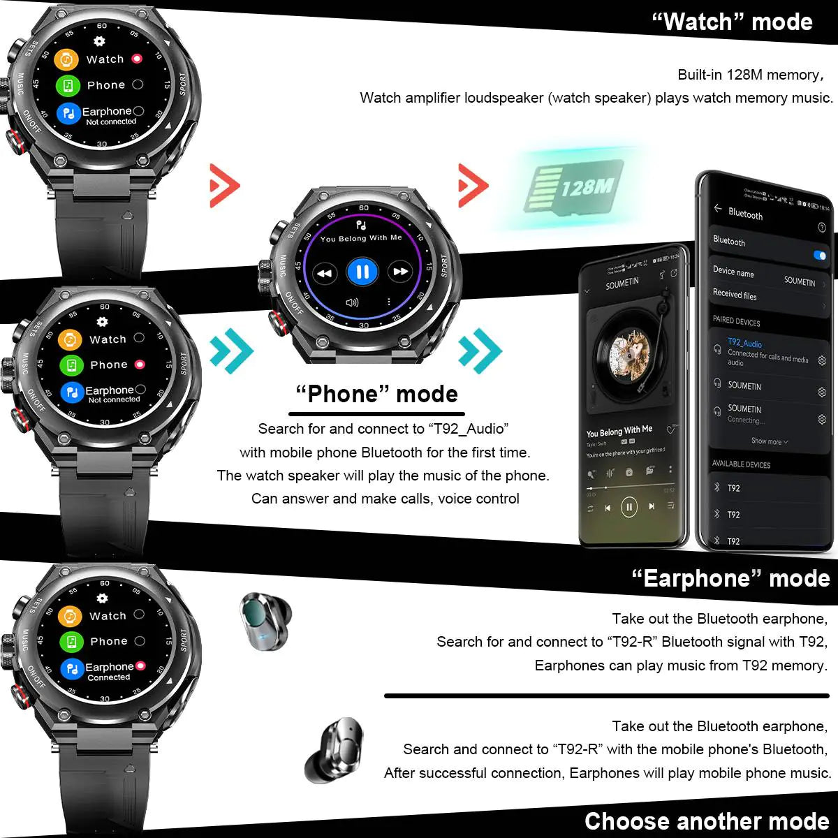Smart Watch with Earbuds WEM Support (www.WEM.support)