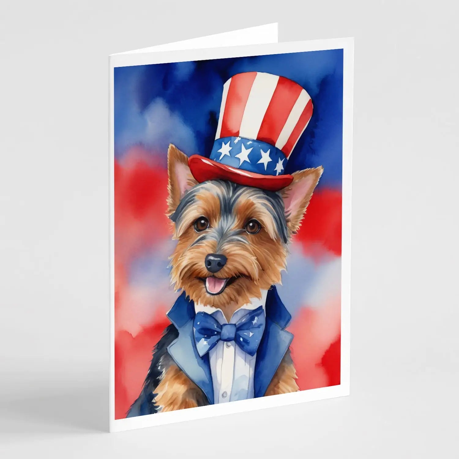 Australian Terrier Patriotic American Greeting Cards Pack of 8 WEM Support (www.WEM.support)