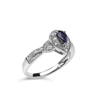 Anillo de Moda Halo con Zafiro de Pera 6x4mm y Diamante de Plata Esterlina .925 (Color H-I, Claridad SI1-SI2) - Tamaño 7.5 WEM Support (www.WEM.support)