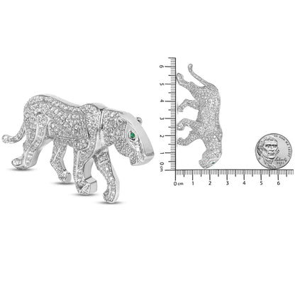 18K White Gold 2mm Green Round Emerald and 2 1/2 Cttw Diamond Panther Brooch Pin (H-I Color, SI1-SI2 Clarity) WEM Support (www.WEM.support)