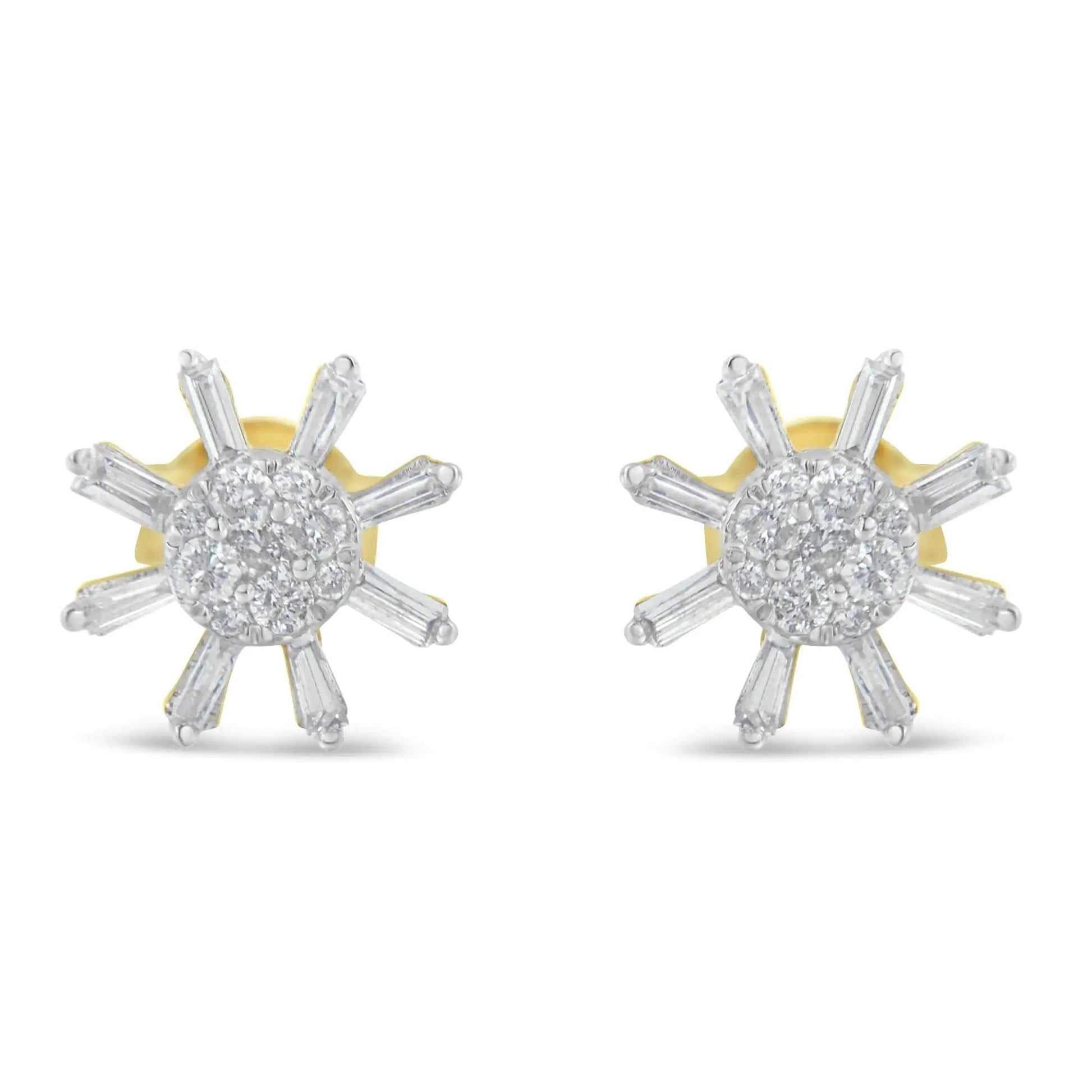 Boucles d'oreilles clous en or jaune 10k avec diamants ronds et baguettes (0,50 ct, couleur H-I, clarté I2-I3) WEM Support (www.WEM.support)