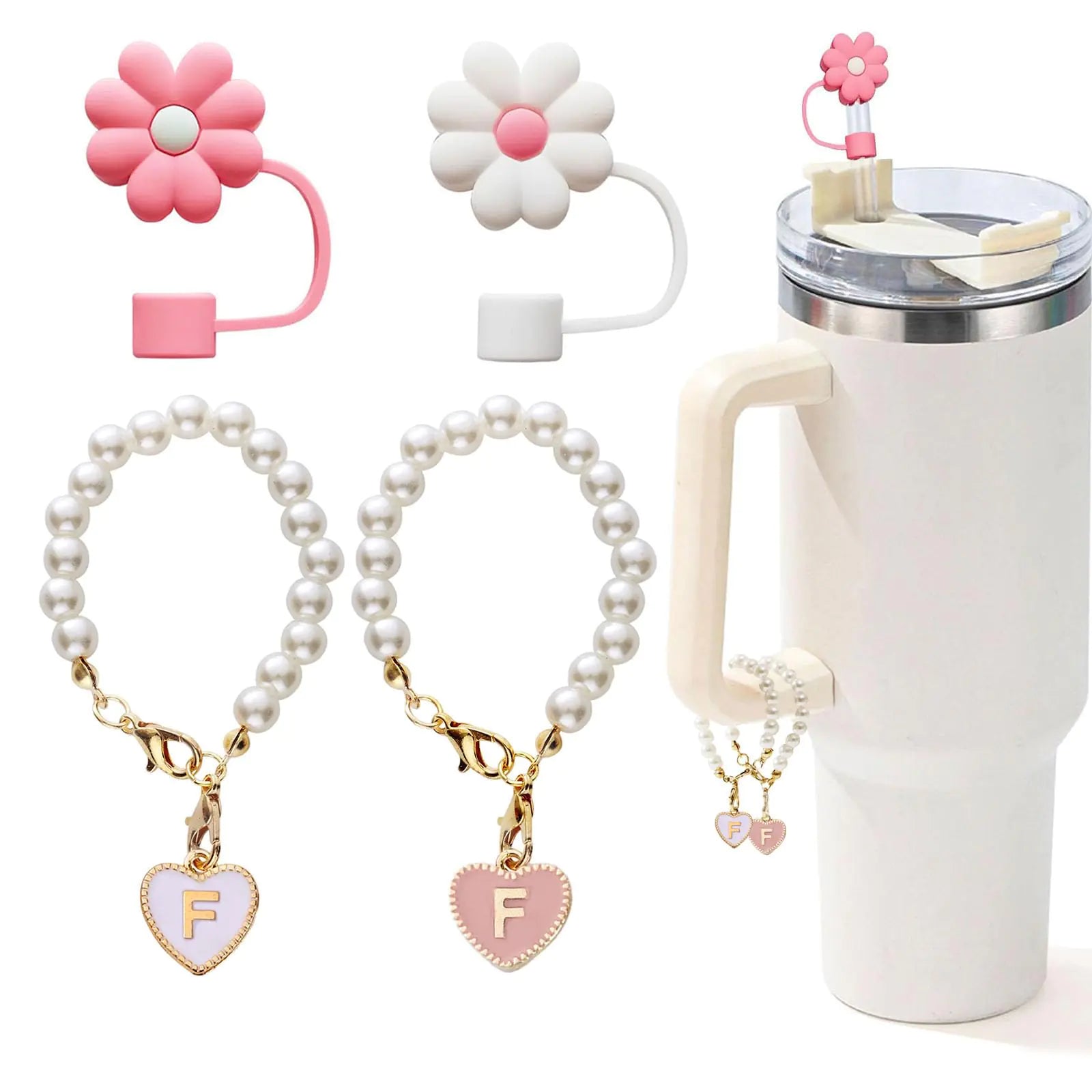LUHOHI 4pcs Encantos para la Copa Stanley, Accesorios de Cadena de Perlas con Iniciales para el Asa y 2pcs Fundas para Pajillas Decoración de Botella de Agua Joyería Vaso Decoraciones Personalizadas ID Q HejK.com