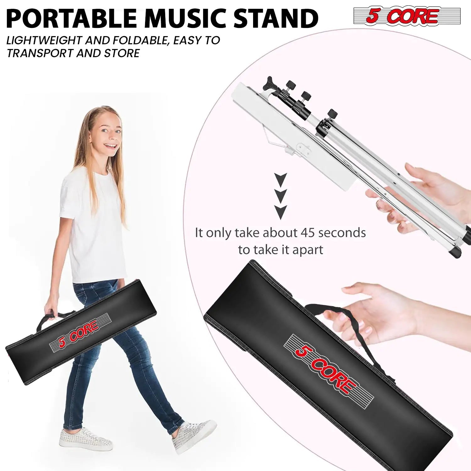 Suporte de Música 5Core para Partituras de Música Portátil com Tripé Ajustável e Dobrável, Suporte para Notas Mais Alto Branco WEM Support (www.WEM.support)