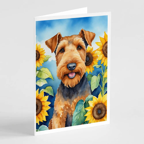 Airedale Terrier in Sunflowers Greeting Cards Pack of 8 WEM Support (www.WEM.support)