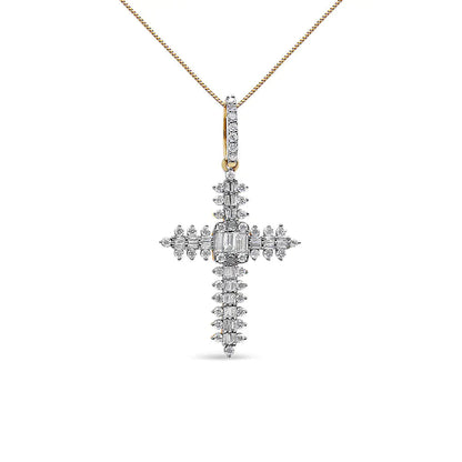 10K Yellow Gold 7/8 Cttw Round & Baguette Diamond Zigzag Pattern Cross Pendant Necklace (H-I Color, SI2-I1 Clarity) - NO CHAIN INCLUDED WEM Support (www.WEM.support)