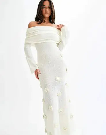 Off Shoulder Knit Rose Maxi Dress WEM Support (www.WEM.support)