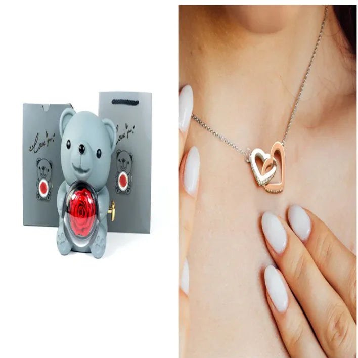 Eternal Rose Teddy Bear Gift Box with Necklace