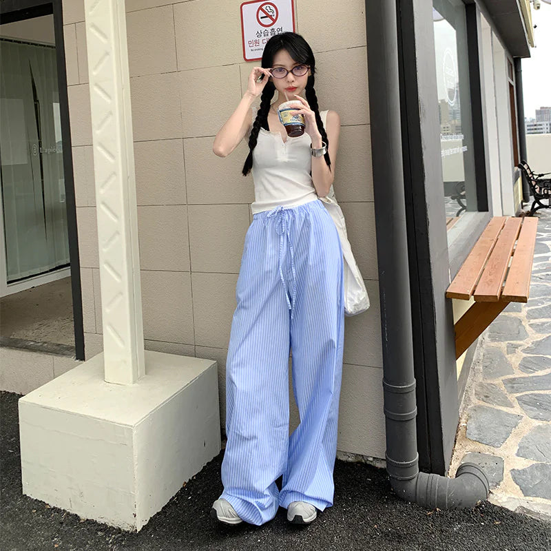 Blue Striped High-Waist Pants