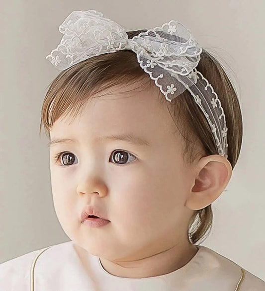 Yheahin Baby Girls Lace Bow Headband Cute Chiffon Bow - Knot Toddler Hairband Elastic Soft Lace Infants Birthday Party Hair Accessories (White - 4 One size) - Catch Cards
