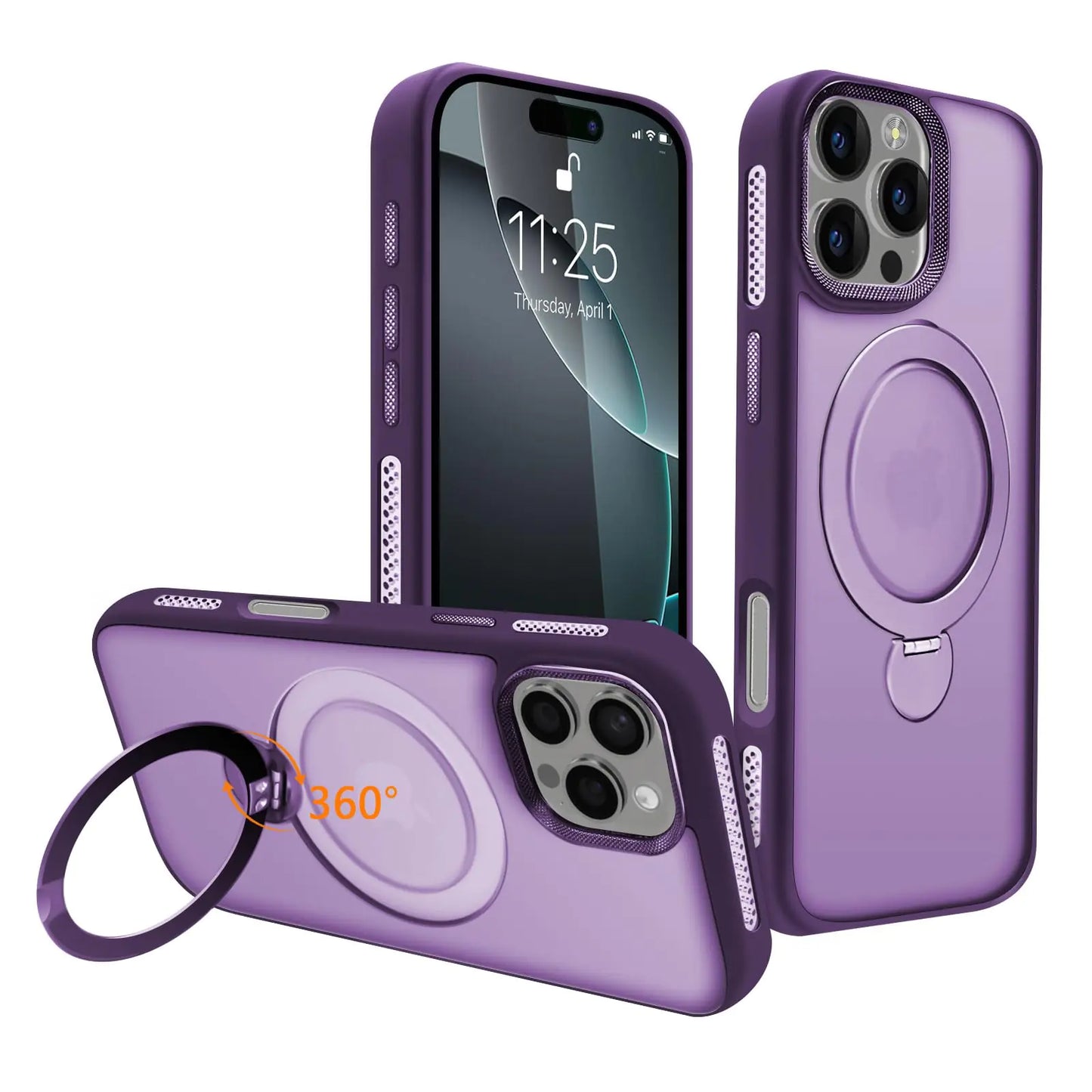 for iPhone 16 Pro Max Case with 360° Spin Magnetic Stand Compatible with MagSafe [Built-in Invisible Bracket][with Honeycomb Cooling Holes] Good Heat Dissipation，Metal Lens Frame，Black