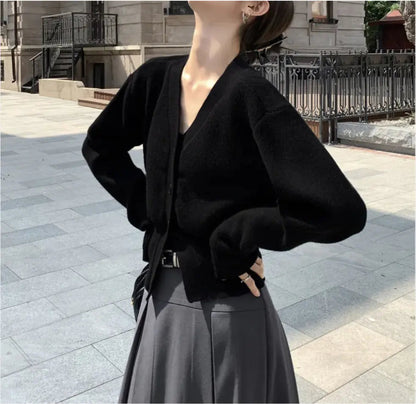 Black Sweater Cardigan Women's Outer Wear Waist-controlled Top Coat WEM Support (www.WEM.support)