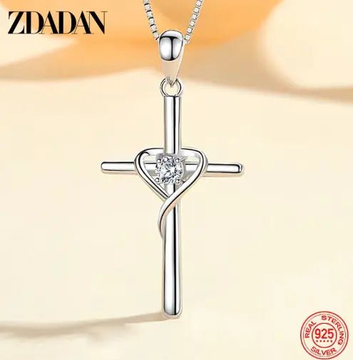 ZDADAN 925 Silver Blue Zircon Cross Pendant Necklace for Women - Catch Cards