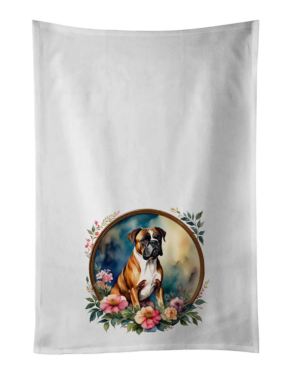 Boxer and Flowers Kitchen Towel Set of 2 WEM Support (www.WEM.support)